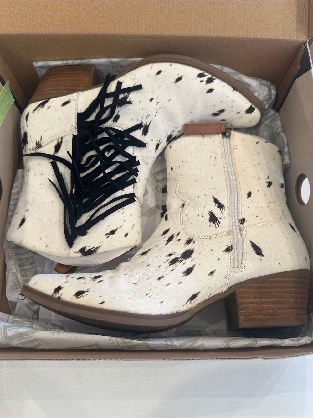 Dingo White and Black Spotted Cowhide Fringe Ankle Boots